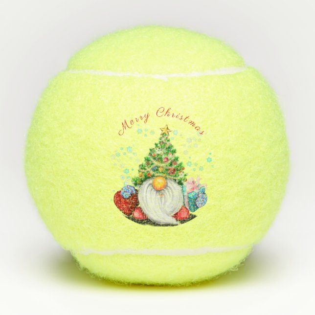 Cute Gnome with Christmas Tree Hat and Gift - Fun  Tennis Balls (Front)