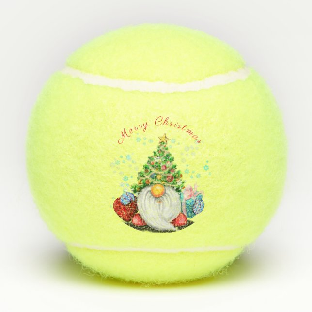 Cute Gnome with Christmas Tree Hat and Gift - Fun  Tennis Balls (Back)
