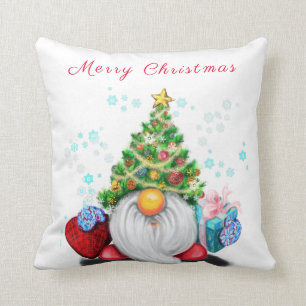 Cute Gnome with Christmas Tree Hat and Gift - Fun  Throw Pillow
