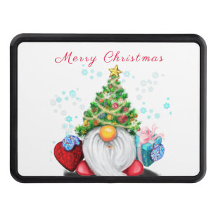 Cute Gnome with Christmas Tree Hat and Gift - Fun  Trailer Hitch Cover