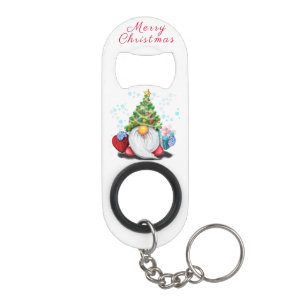 Cute Gnome with Christmas Tree Hat and Gift  Keychain Bottle Opener