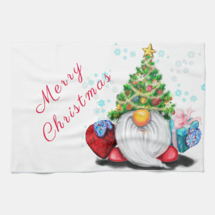 Cute Gnome with Christmas Tree Hat and Gift  Kitchen Towel