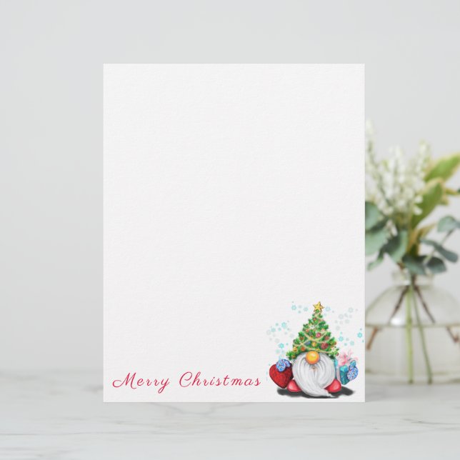 Cute Gnome with Christmas Tree Hat and Gift  Letterhead (Standing Front)