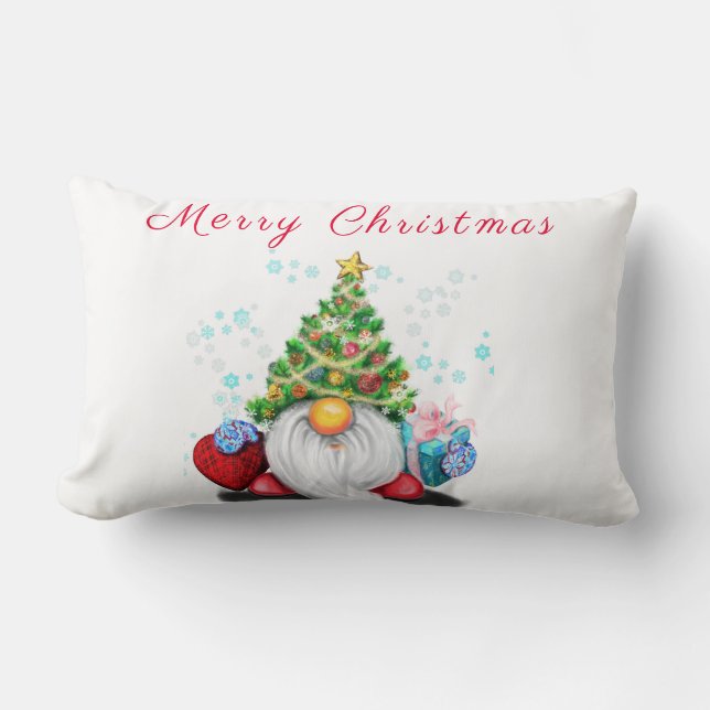 Cute Gnome with Christmas Tree Hat and Gift  Lumbar Pillow (Front)