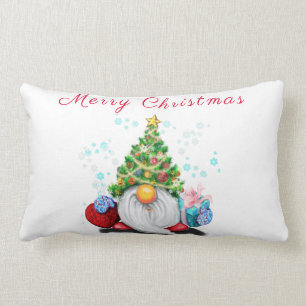 Cute Gnome with Christmas Tree Hat and Gift  Lumbar Pillow