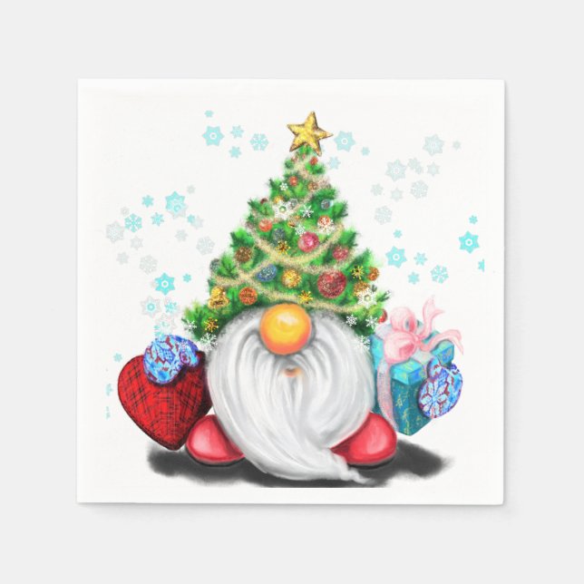 Cute Gnome with Christmas Tree Hat and Gift  Napkin (Front)