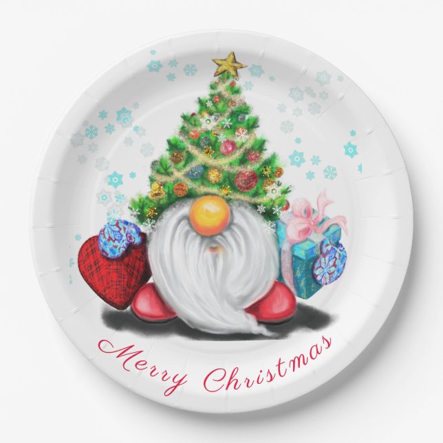 Cute Gnome with Christmas Tree Hat and Gift  Paper Plate (Front)