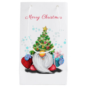 Cute Gnome with Christmas Tree Hat and Gift Small Gift Bag