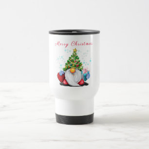 Cute Gnome with Christmas Tree Hat and Gift Travel Mug