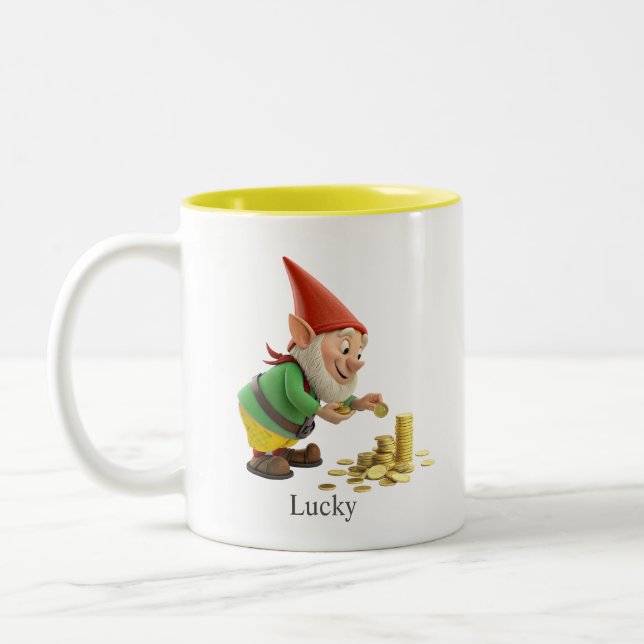 Cute Gnome with Gold Coins, Calligraphy & Monogram Two-Tone Coffee Mug (Left)