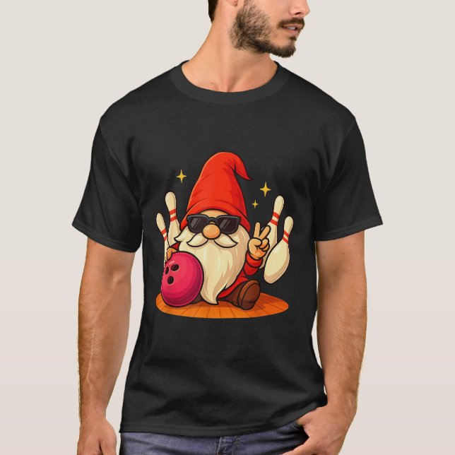 Cute Gnome With Sungles Gnome Playing Bowling Men  T-Shirt (Front)