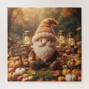 Cute Gnome with "Welcome Autumn" Sign and Pumpkins Jigsaw Puzzle