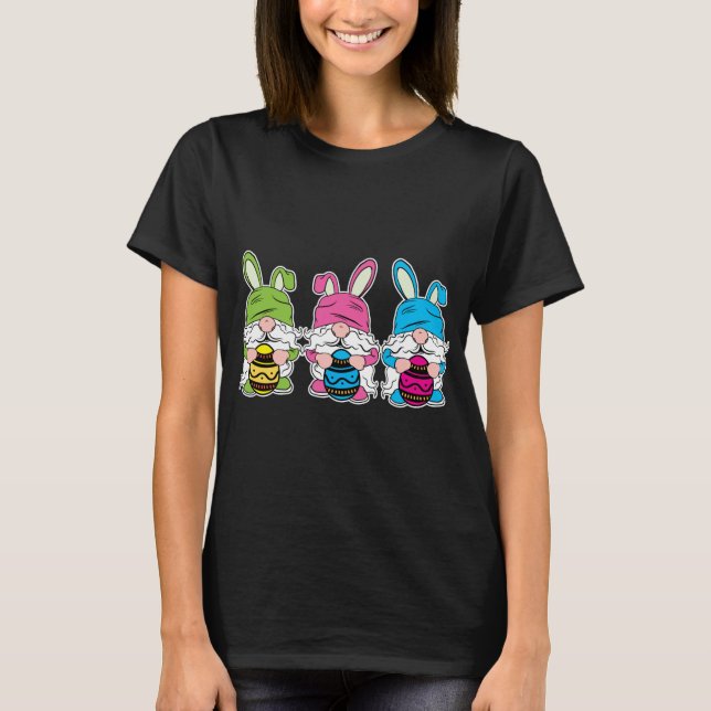 Cute Gnomes Bunny Easter Egg Hunting T-Shirt (Front)