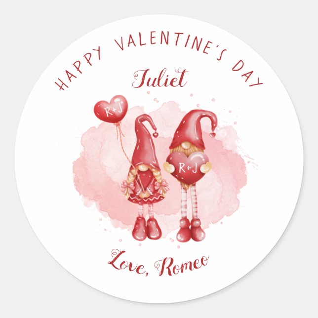 Cute Gnomes Custom Initials Names Valentine's Day Classic Round Sticker (Front)