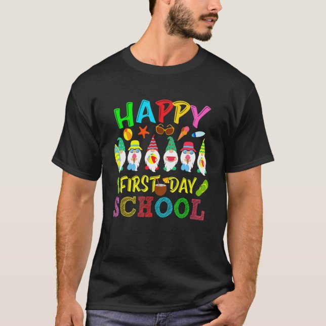 Cute Gnomes Happy First Day Of School  Teacher Stu T-Shirt (Front)
