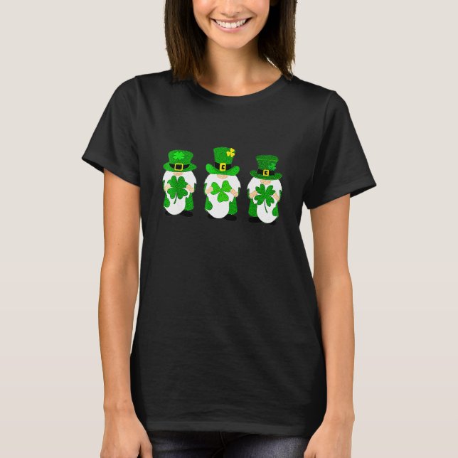 Cute Gnomes Holding Shamrock Leopard Plaid St Patr T-Shirt (Front)