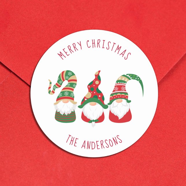 Cute Gnomes Merry Christmas Classic Round Sticker (Christmas gnomes bring joy, laughter, and a touch of magic to your holiday season cards and gifts)