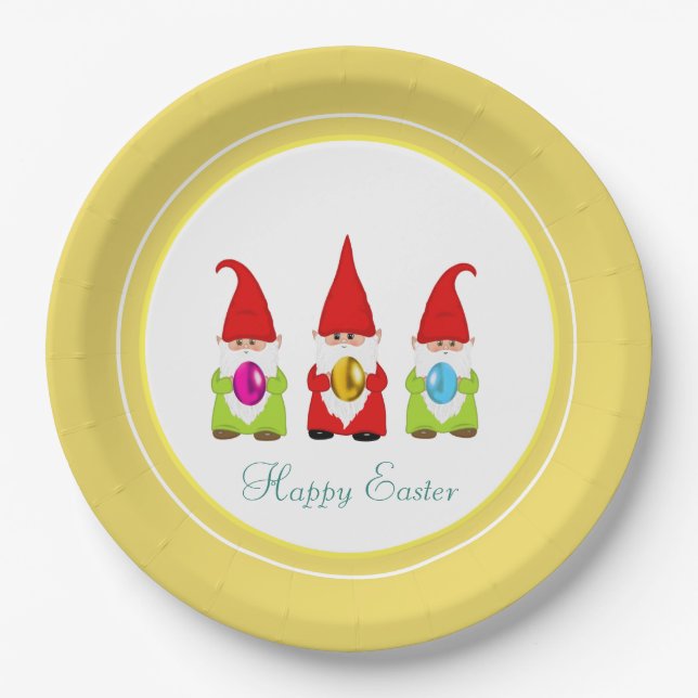 Cute Gnomes & Multicolored Easter Eggs Paper Plate (Front)