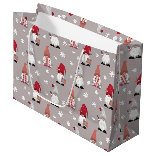 Cute Gnomes Nordic Winter Grey Pink Red Large Gift Bag (Front Angled)