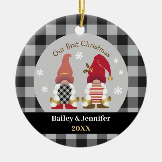 Cute Gnomes Our First Christmas Buffalo Plaid Ceramic Ornament (Front)
