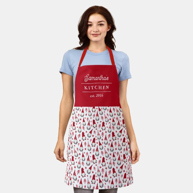 Cute Gnomes Pattern Name Christmas Apron (Worn)