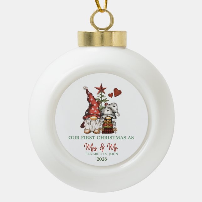 Cute Gnomes Pine Tree Our First Christmas  Ceramic Ball Christmas Ornament (Front)