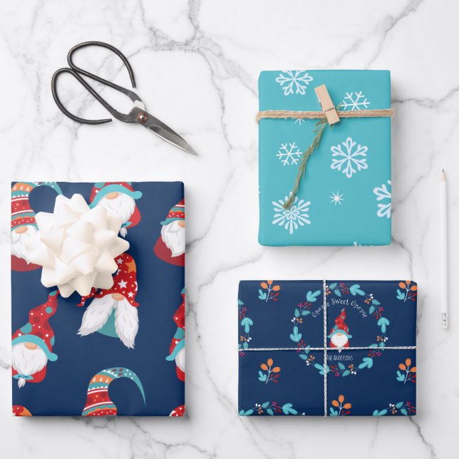 Cute Gnomes Snowflakes Floral Wreath Blue Add Name Wrapping Paper Sheet (Front)