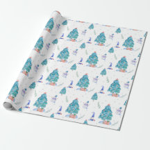 Cute Gnomes Watercolor Blue Christmas Snowy Tree 
