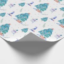 Cute Gnomes Watercolor Blue Christmas Snowy Tree 