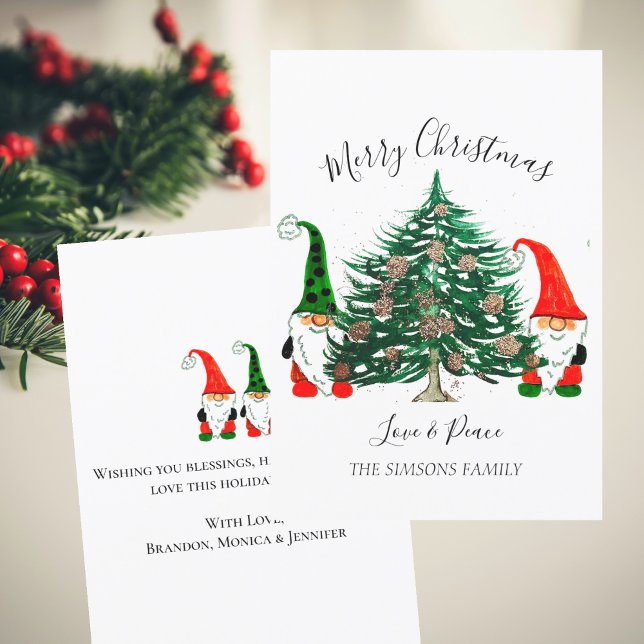 Cute Gnomes Watercolor Merry Christmas Tree Holiday Card (Creator Uploaded)