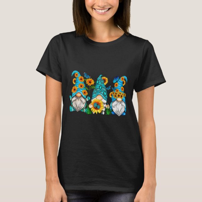 Cute Gnomes With Sunflower Butterfly Gardeners Sum T-Shirt (Front)