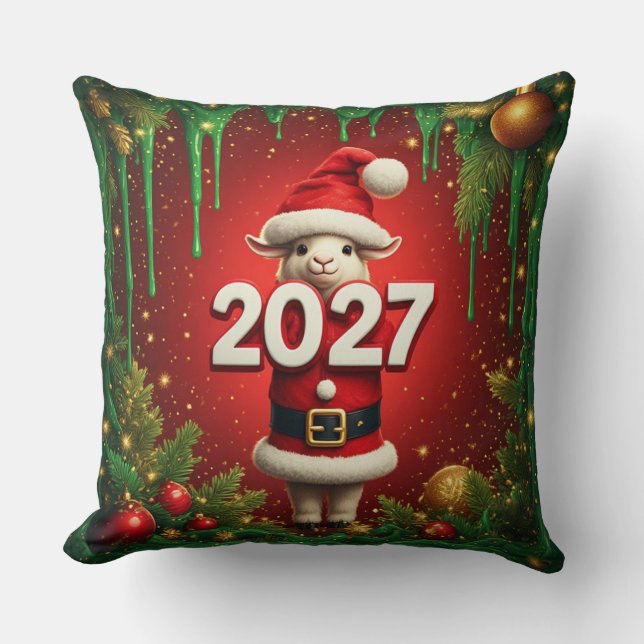 Cute Goat Christmas Design in Santa Hat Throw Pillow (Front)