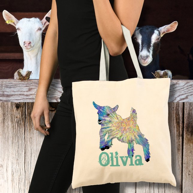 Cute Goat Colorful Animal Art Name Tote Bag (Cute jumping goat farm a animal art custom name tote bag)