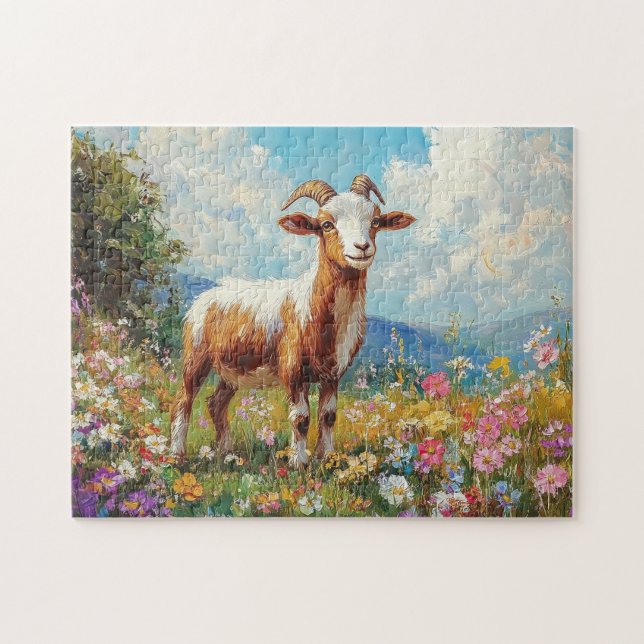 Cute Goat Colourful Wildflower Meadow Jigsaw Puzzle (Horizontal)