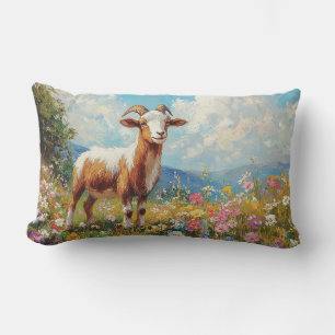 Cute Goat Colourful Wildflower Meadow Lumbar Pillow