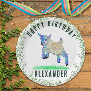 Cute Goat Happy Birthday Party Personalized Name Paper Plate