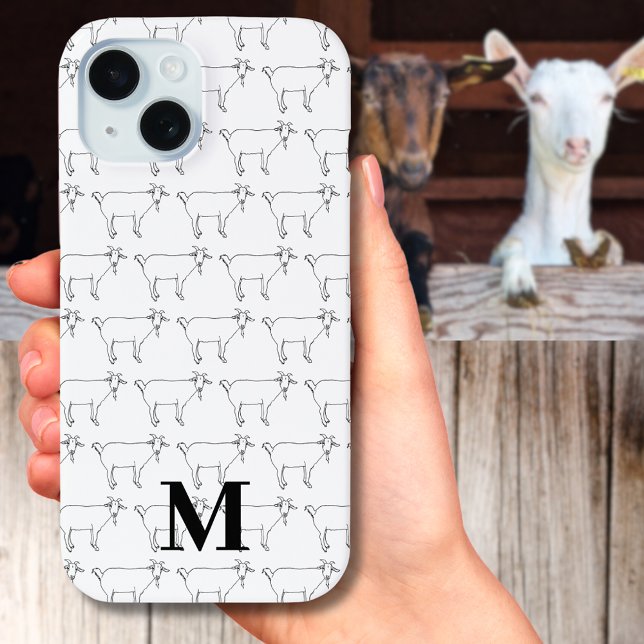 Cute Goat Pattern Black and White Case-Mate iPhone Case (Cute goat drawing pattern black and white custom monogram initial iPhone case funny farm animal art)