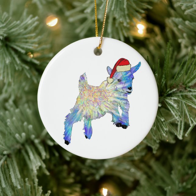 Cute Goat wearing a Santa hat  Ceramic Ornament (Tree)