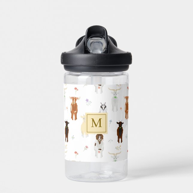 Cute Goats Farm Animals Monogrammed  Water Bottle (Front)