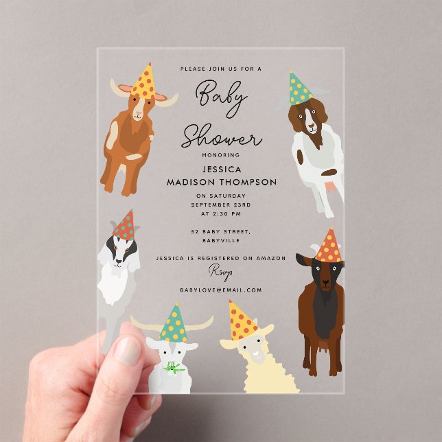 Cute Goats Farm Party Animals Goat Baby Shower Acrylic Invitations (Insitu (Handheld))