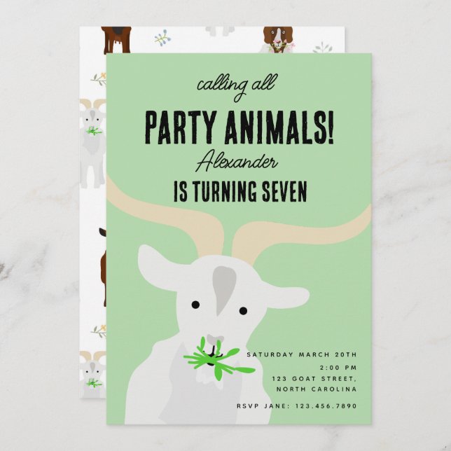 Cute Goats Farm Party Animals Goat Birthday Theme Invitation (Front/Back)