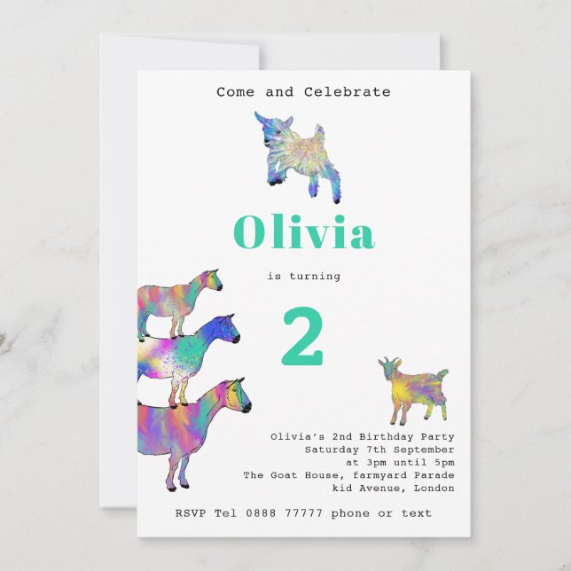 Cute Goats Girls 2nd Birthday Party Colourful Invitation (Front)