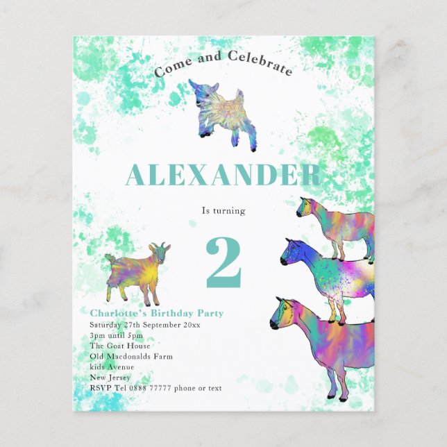 Cute Goats Watercolor Birthday Party Budget Flyer (Front)