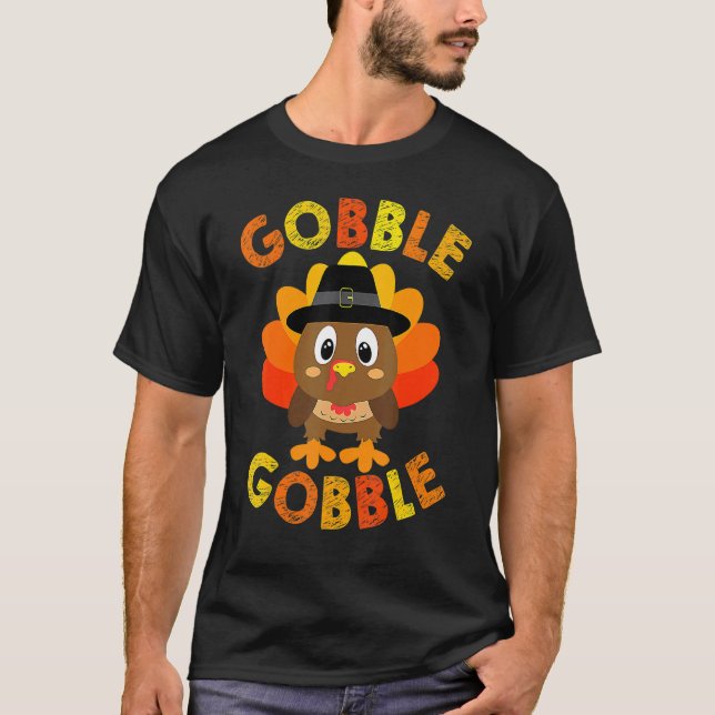 Cute Gobble Gobble Turkey Pilgrim Little Boys Than T-Shirt (Front)