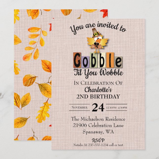 Cute Gobble Til You Wobble Birthday Invitation (Front/Back)