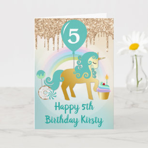 Cute Gold and Teal Unicorn Sweets Birthday Card