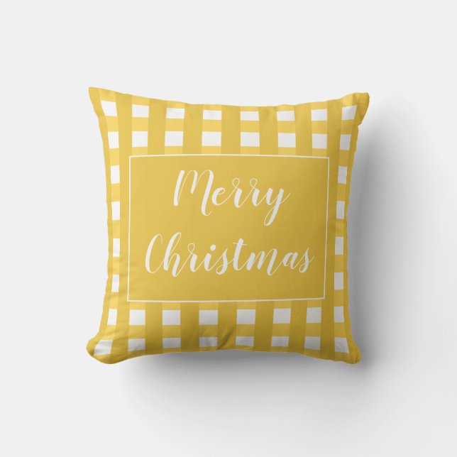 Cute Gold And White Merry Christmas Buffalo Check Throw Pillow (Front)