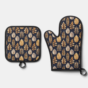 Cute Gold/Blue Autumn Leaves Oven Mitt & Pot Holder Set