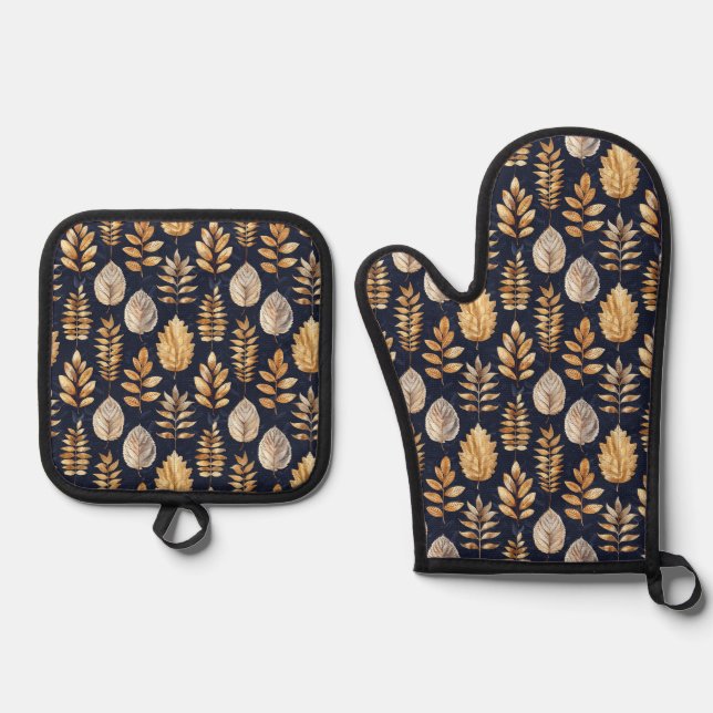 Cute Gold/Blue Autumn Leaves Oven Mitt & Pot Holder Set (Front)