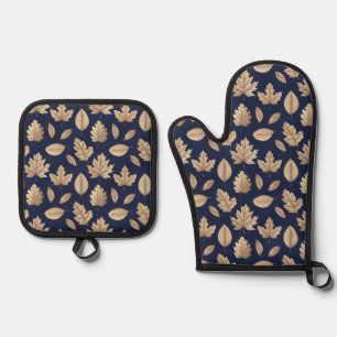 Cute Gold/Blue Autumn Leaves Oven Mitt & Pot Holder Set